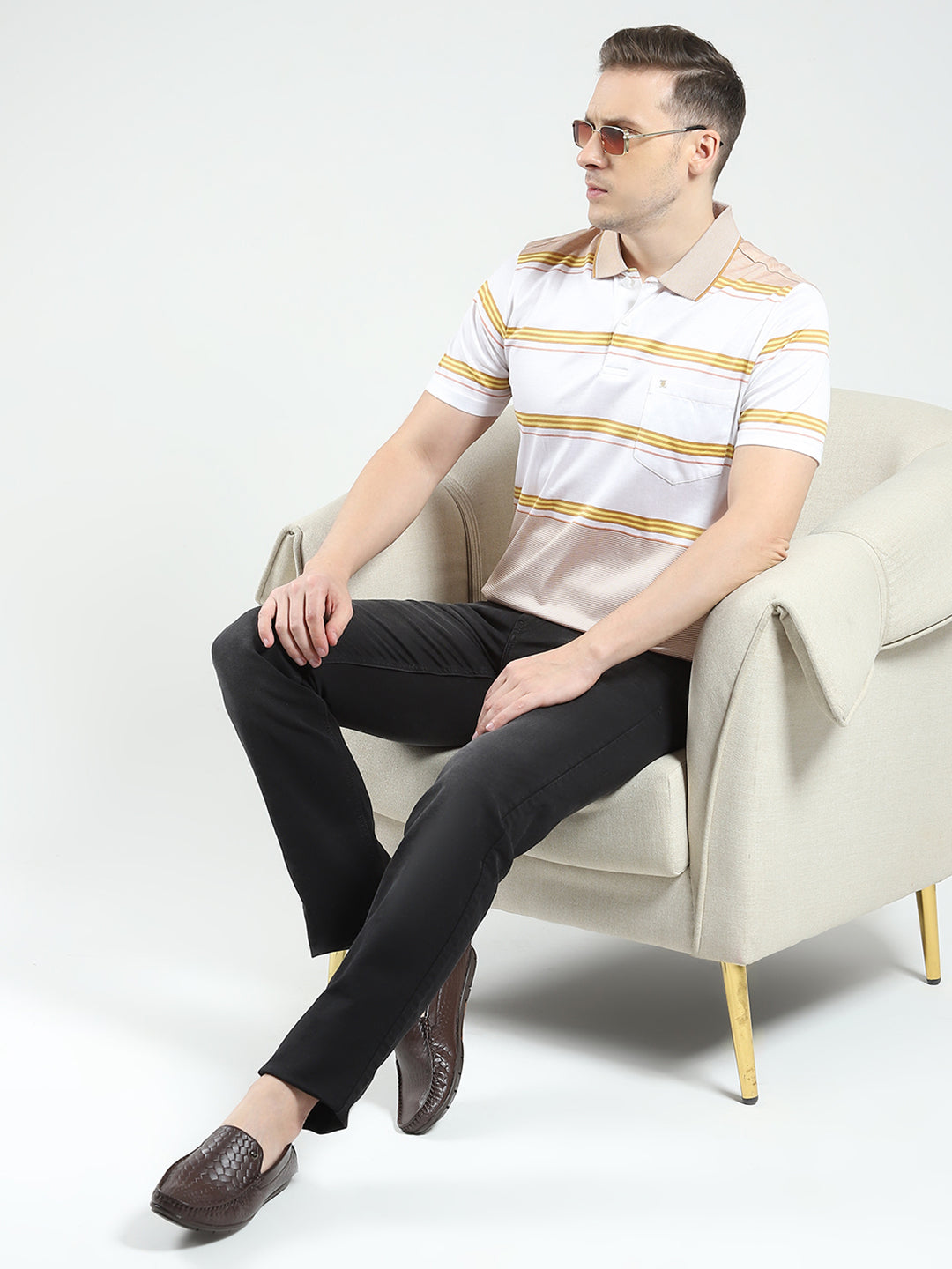 Luxuria Men Beige Stripe Collar Half Sleeve T-Shirt