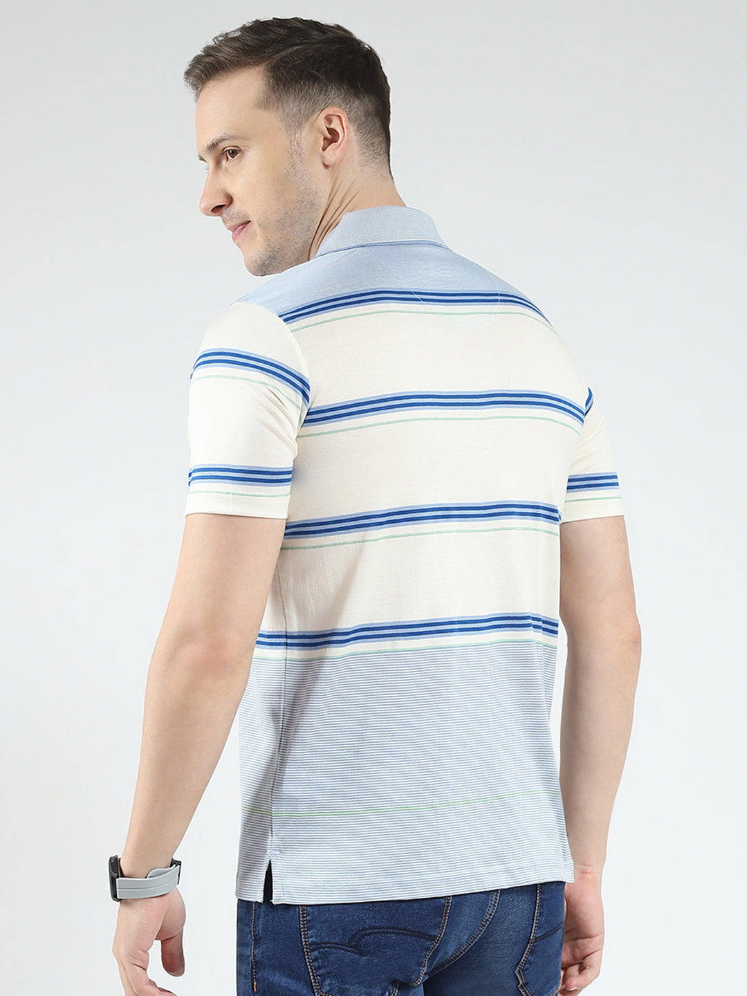Luxuria Men Blue Stripe Collar Half Sleeve T-Shirt