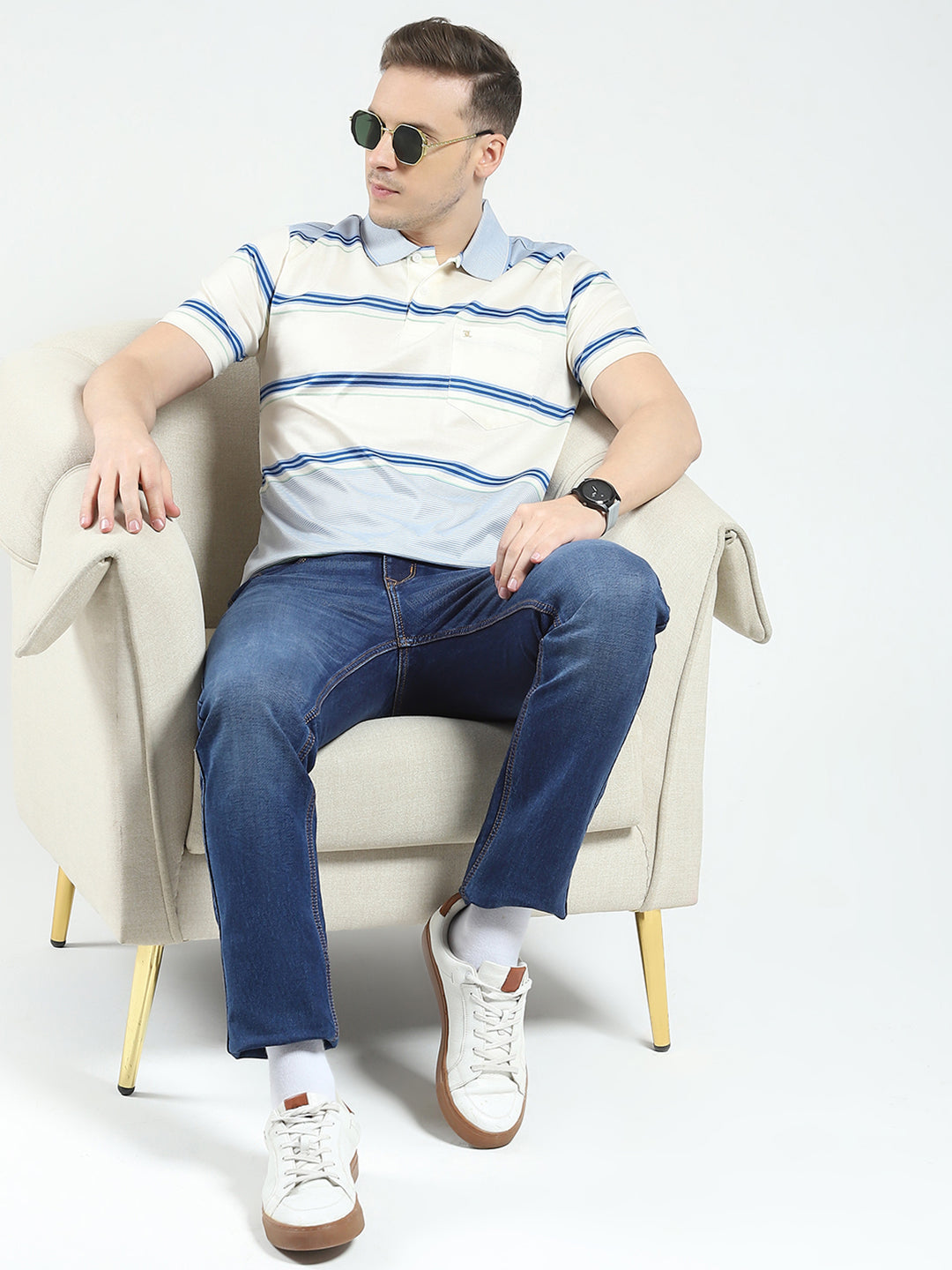 Luxuria Men Blue Stripe Collar Half Sleeve T-Shirt