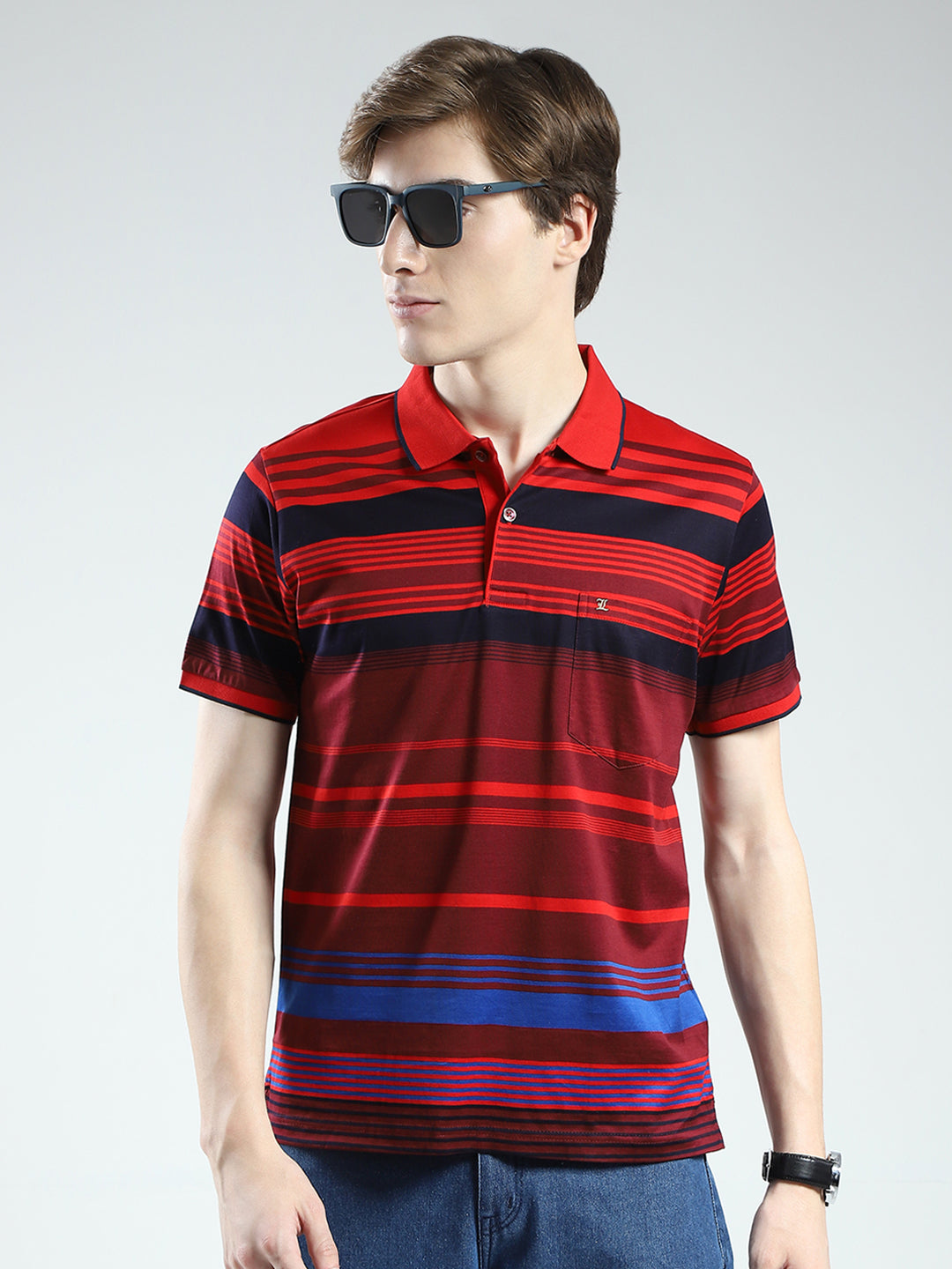 Luxuria Men Red Stripe Collar Half Sleeve T-Shirt
