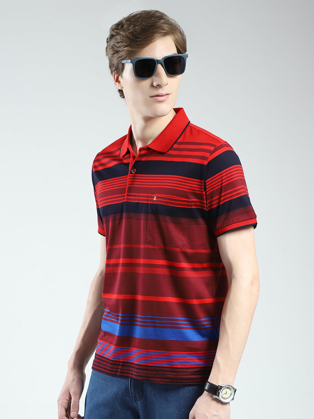 Luxuria Men Red Stripe Collar Half Sleeve T-Shirt
