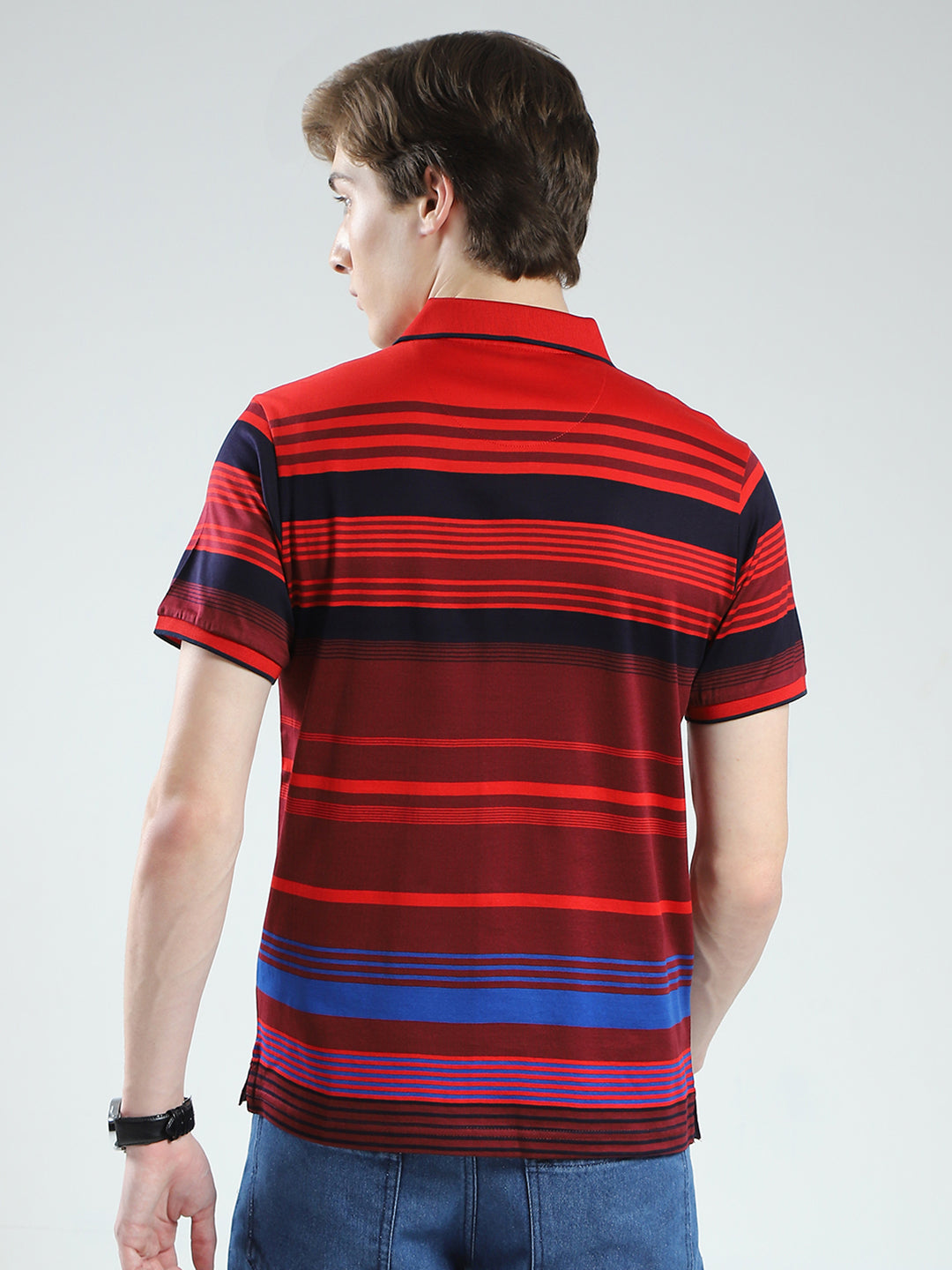Luxuria Men Red Stripe Collar Half Sleeve T-Shirt