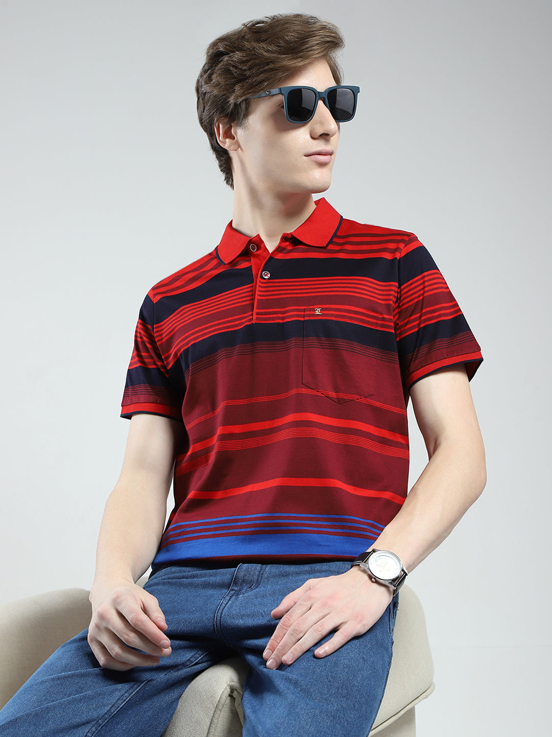 Luxuria Men Red Stripe Collar Half Sleeve T-Shirt