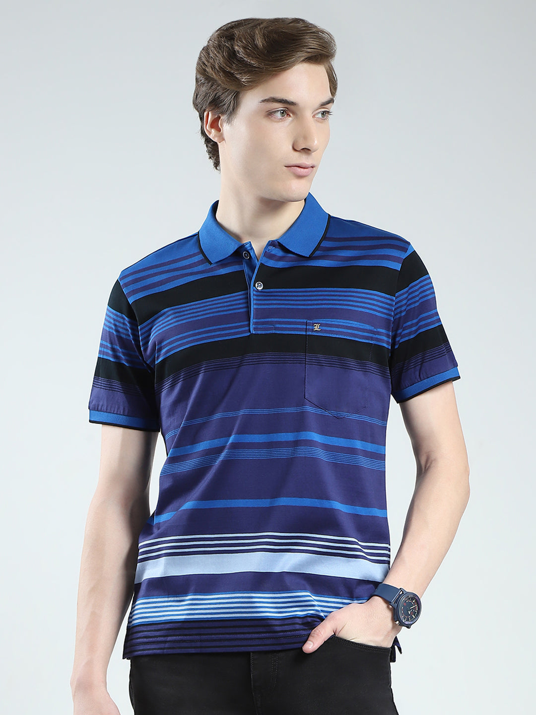 Luxuria Men Blue Stripe Collar Half Sleeve T-Shirt