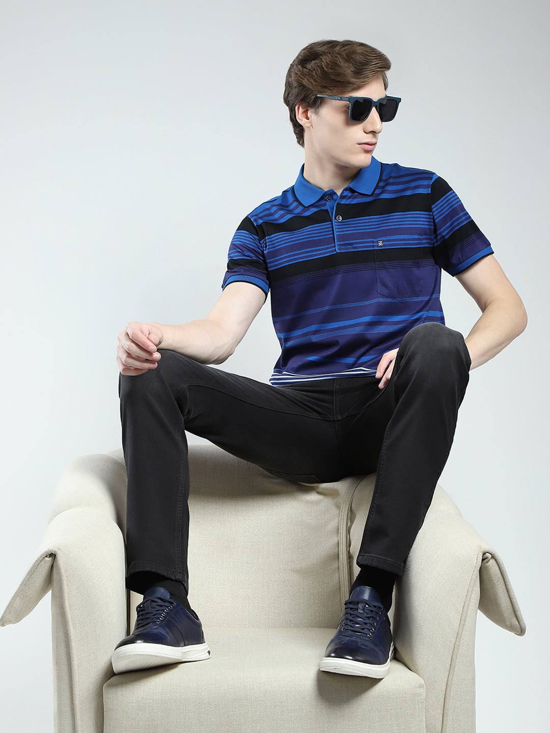 Luxuria Men Blue Stripe Collar Half Sleeve T-Shirt