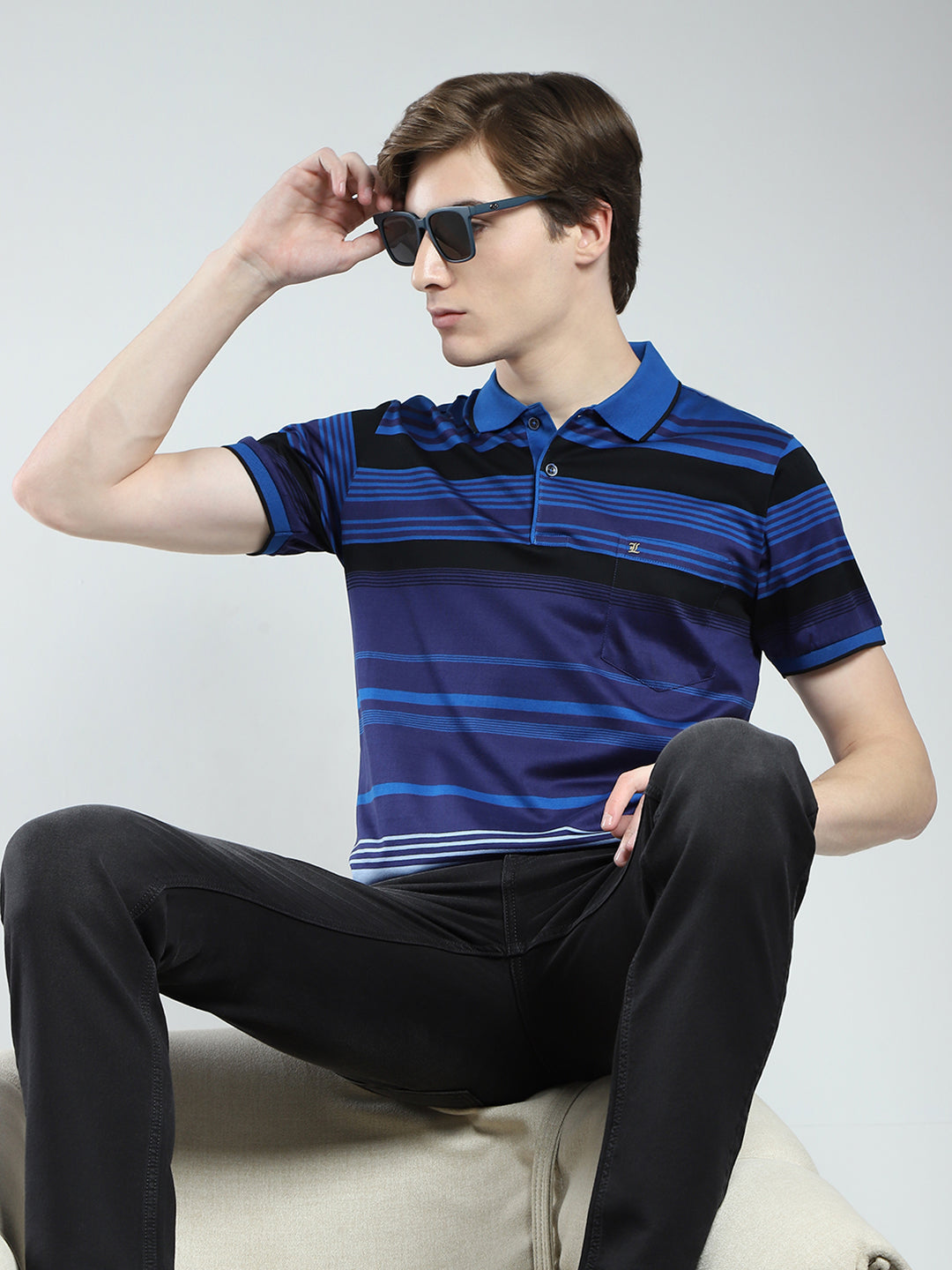 Luxuria Men Blue Stripe Collar Half Sleeve T-Shirt