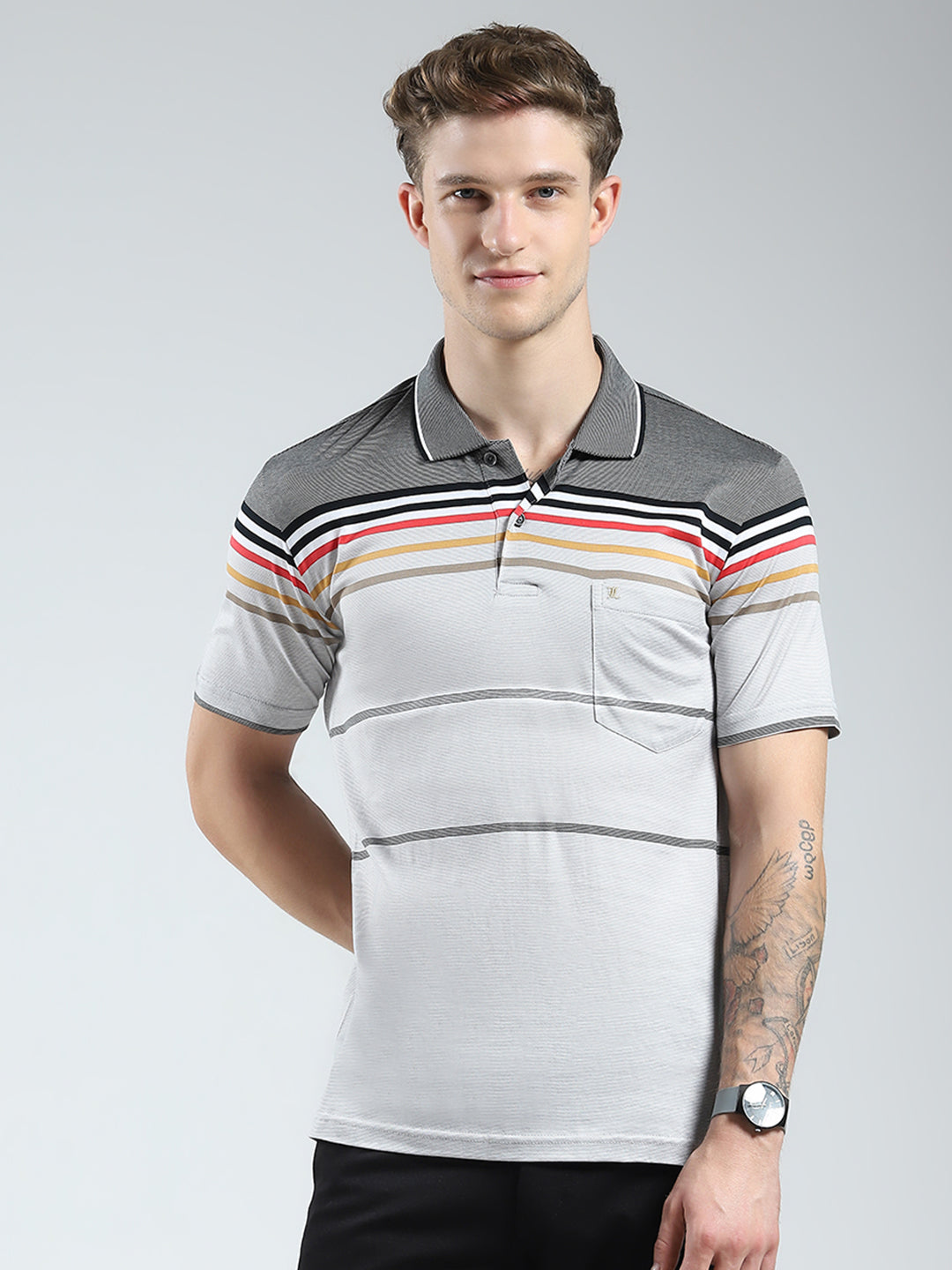 Luxuria Men Grey Stripe Collar Half Sleeve T-Shirt
