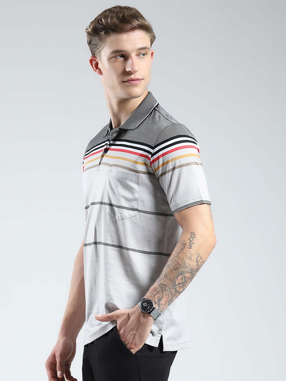 Luxuria Men Grey Stripe Collar Half Sleeve T-Shirt