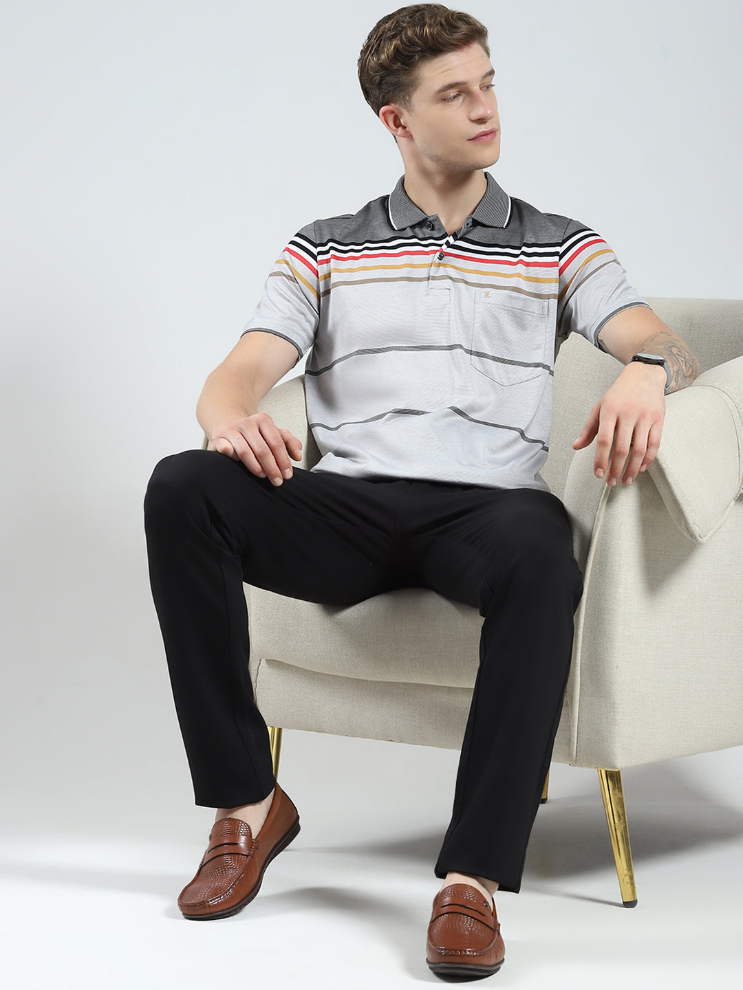 Luxuria Men Grey Stripe Collar Half Sleeve T-Shirt