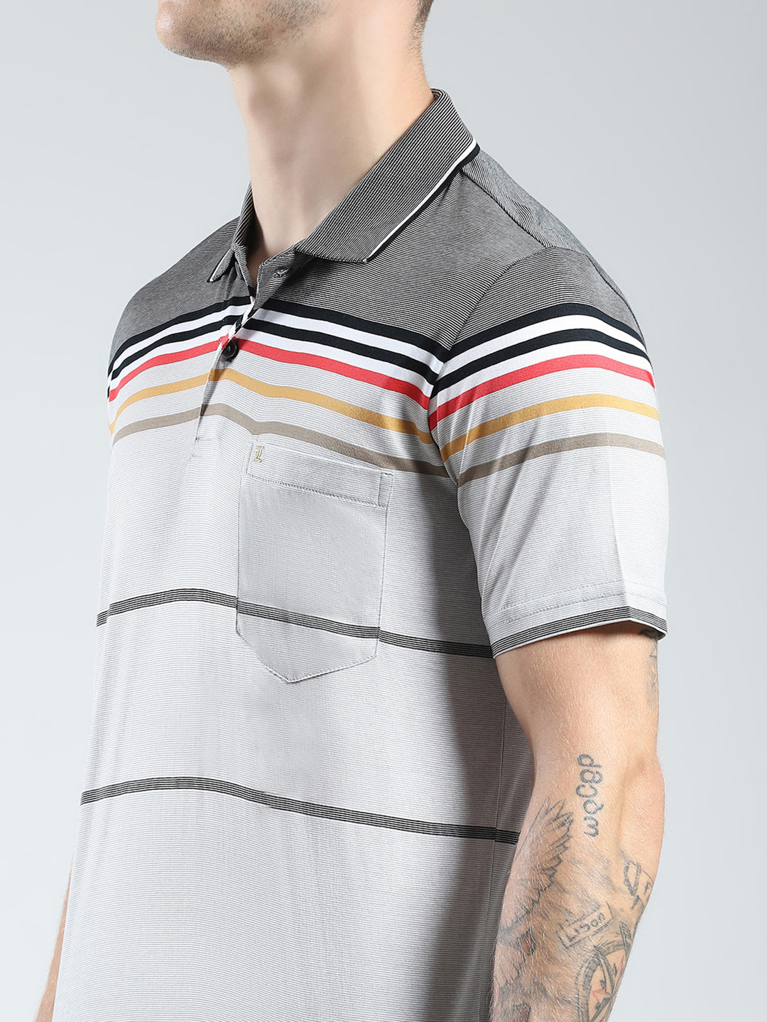 Luxuria Men Grey Stripe Collar Half Sleeve T-Shirt
