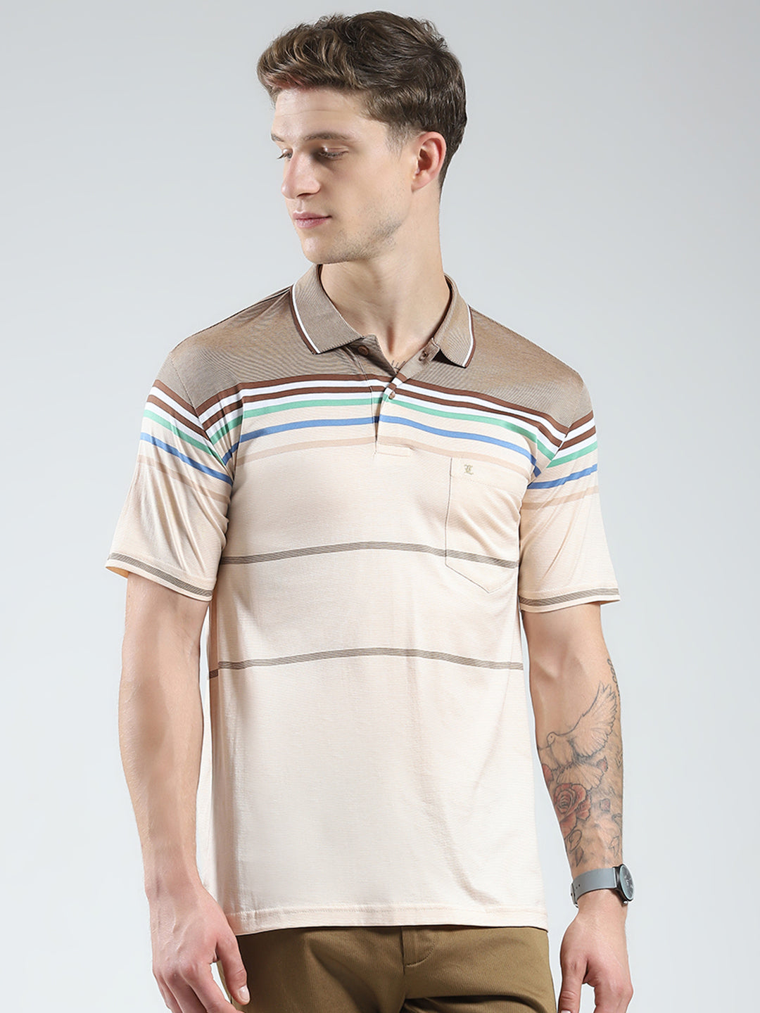 Luxuria Men Brown Stripe Collar Half Sleeve T-Shirt