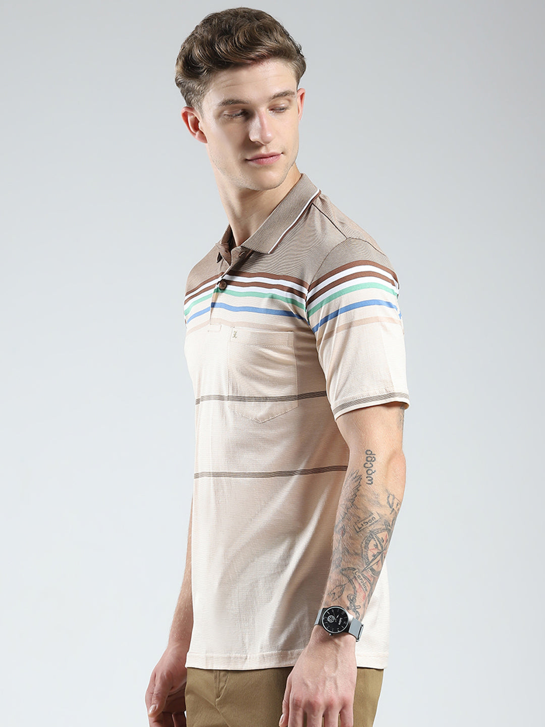 Luxuria Men Brown Stripe Collar Half Sleeve T-Shirt