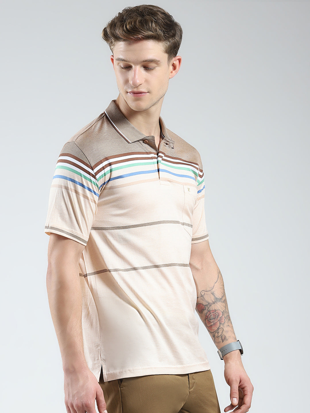 Luxuria Men Brown Stripe Collar Half Sleeve T-Shirt