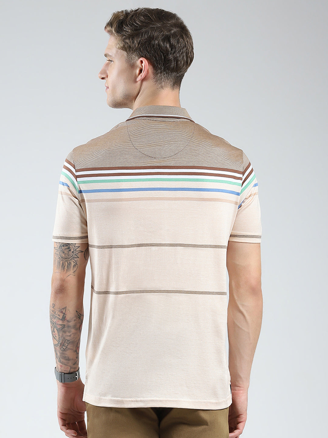 Luxuria Men Brown Stripe Collar Half Sleeve T-Shirt
