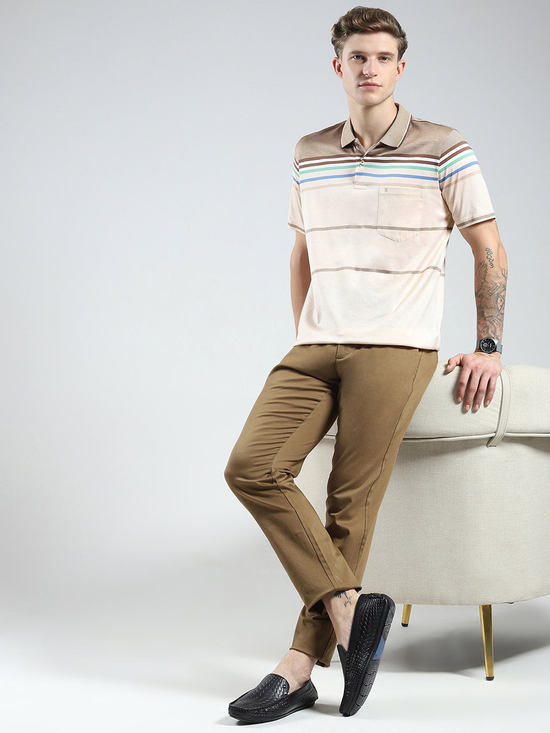 Luxuria Men Brown Stripe Collar Half Sleeve T-Shirt