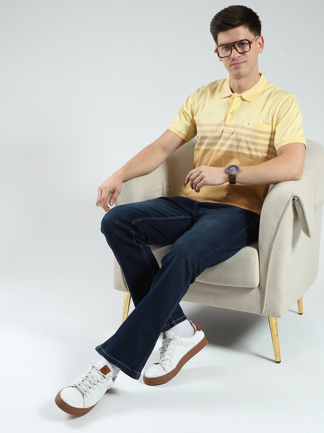 Luxuria Men Yellow Stripe Collar Half Sleeve T-Shirt