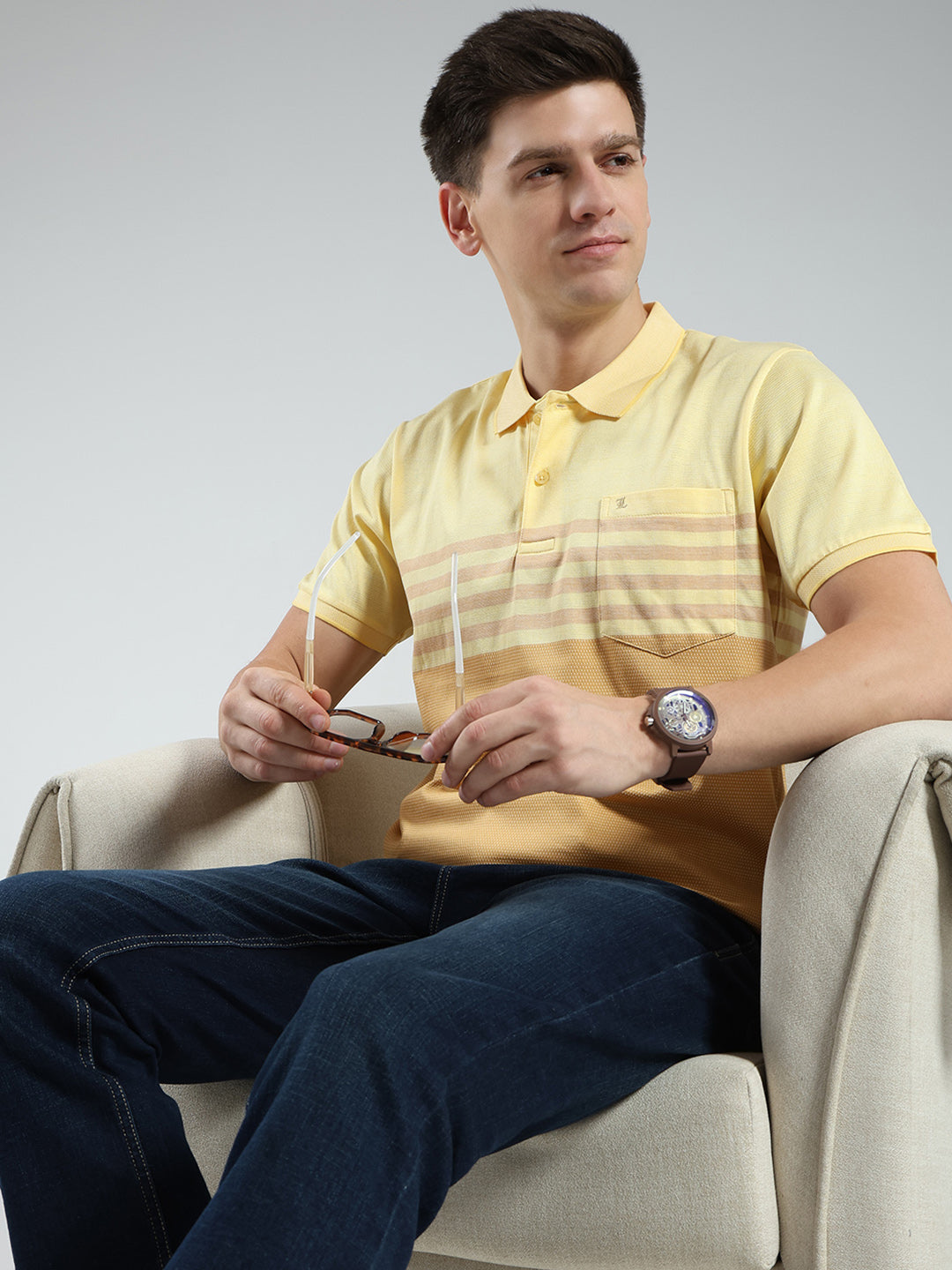 Luxuria Men Yellow Stripe Collar Half Sleeve T-Shirt