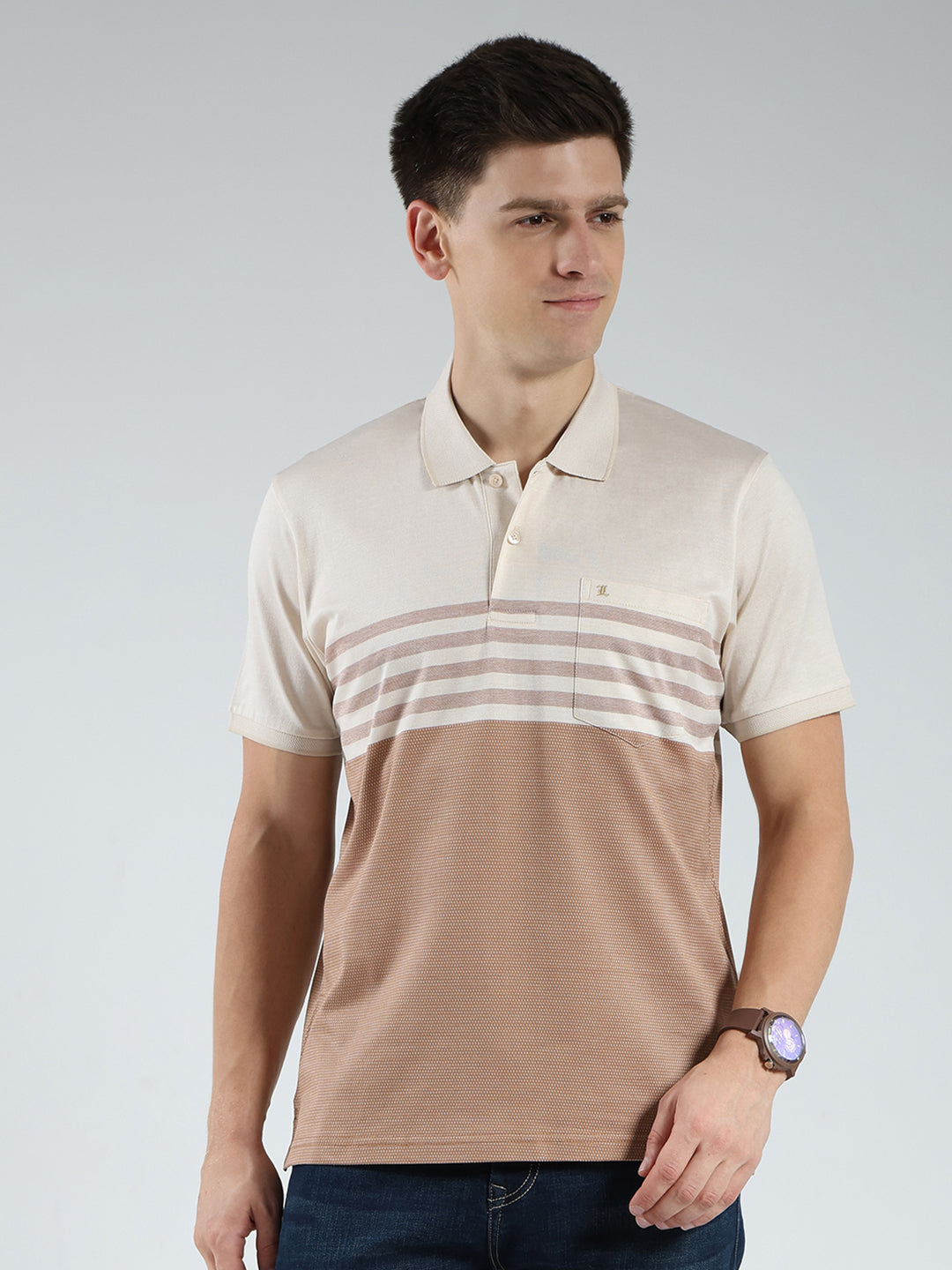 Luxuria Men Beige Stripe Collar Half Sleeve T-Shirt