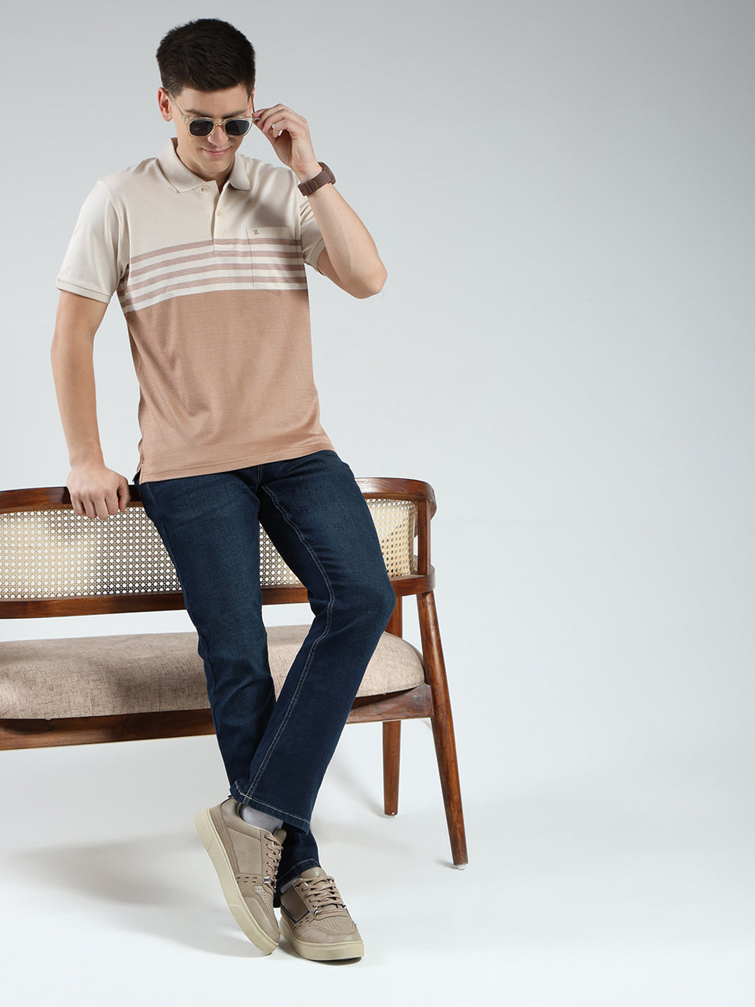 Luxuria Men Beige Stripe Collar Half Sleeve T-Shirt