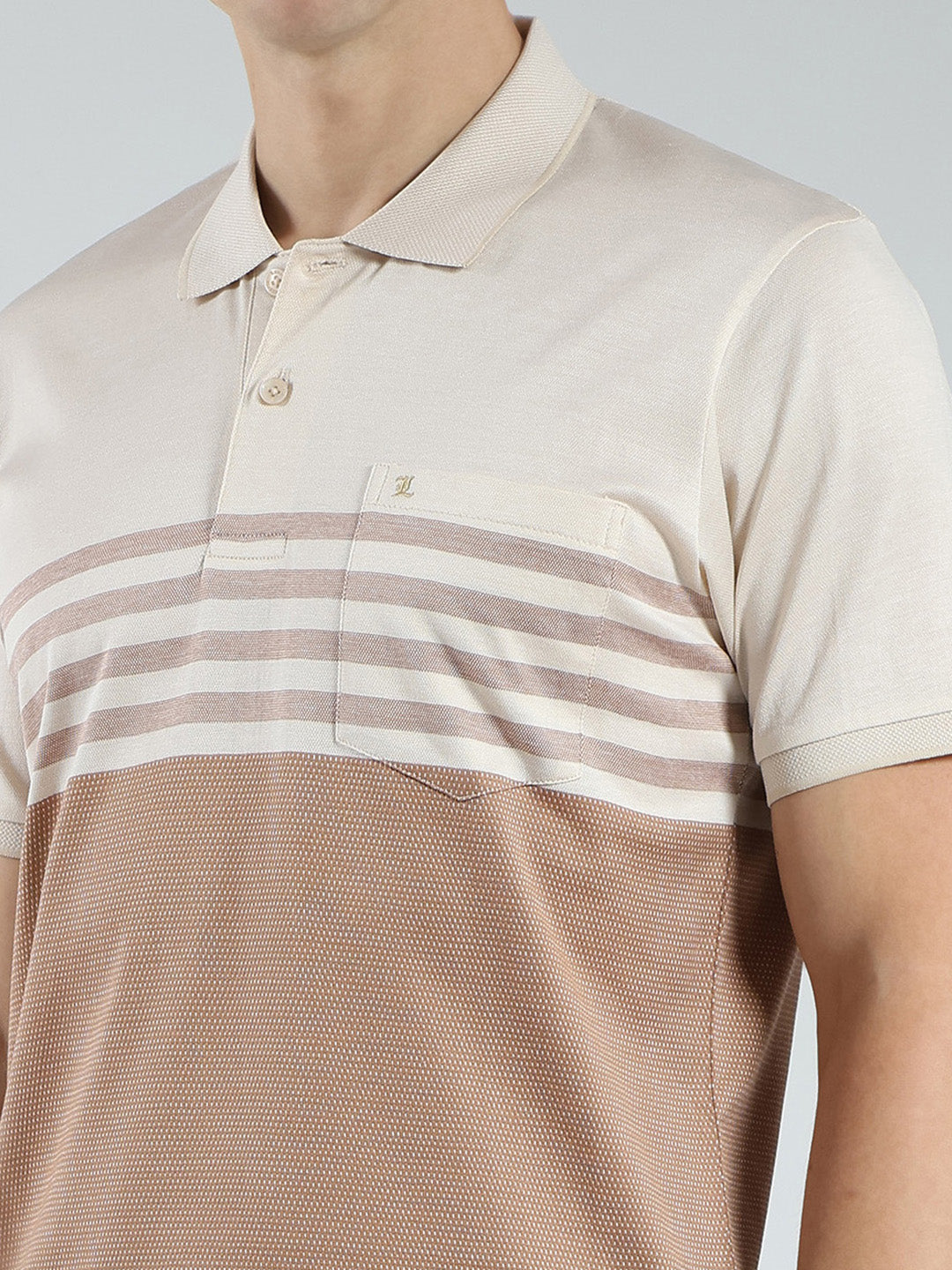 Luxuria Men Beige Stripe Collar Half Sleeve T-Shirt