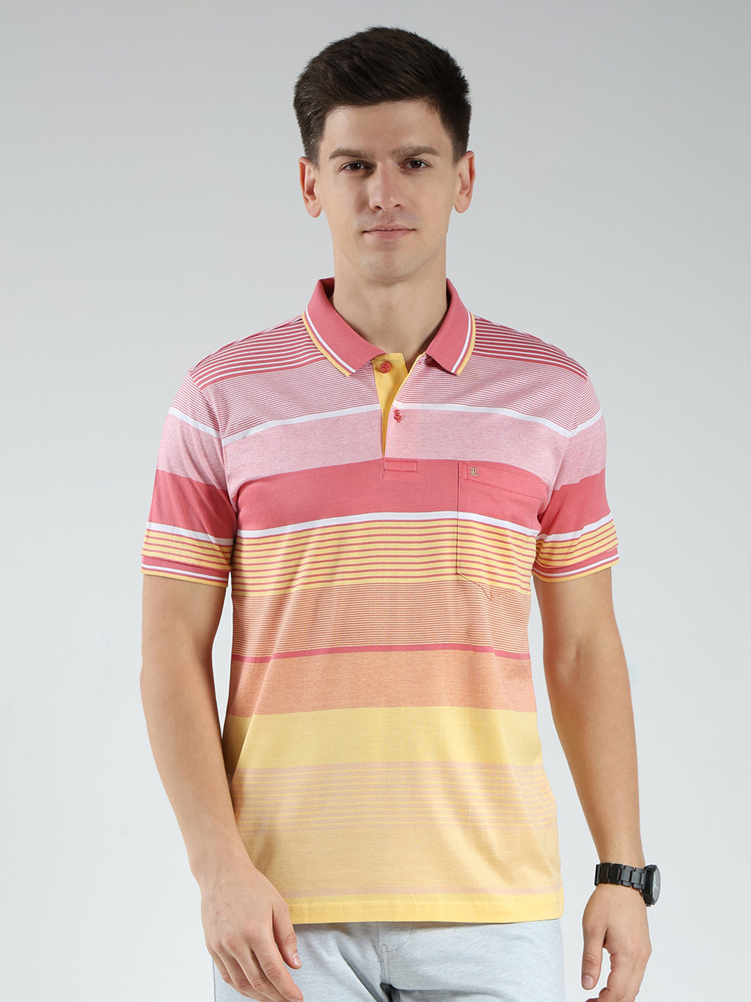 Luxuria Men Pink Stripe Collar Half Sleeve T-Shirt