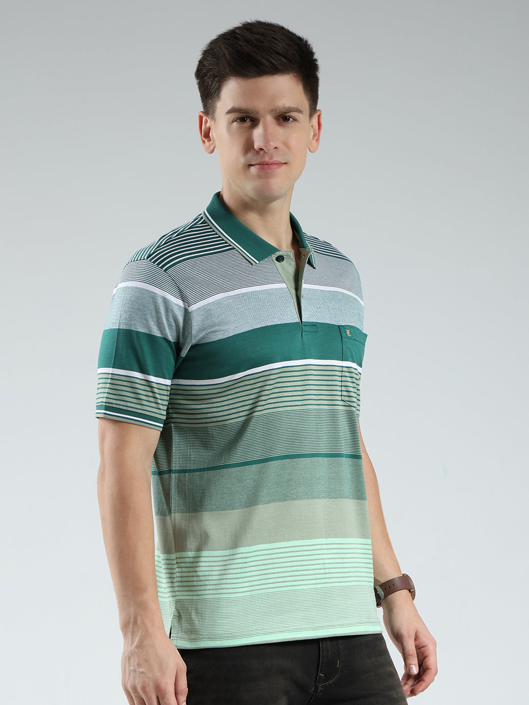 Luxuria Men Green Stripe Collar Half Sleeve T-Shirt