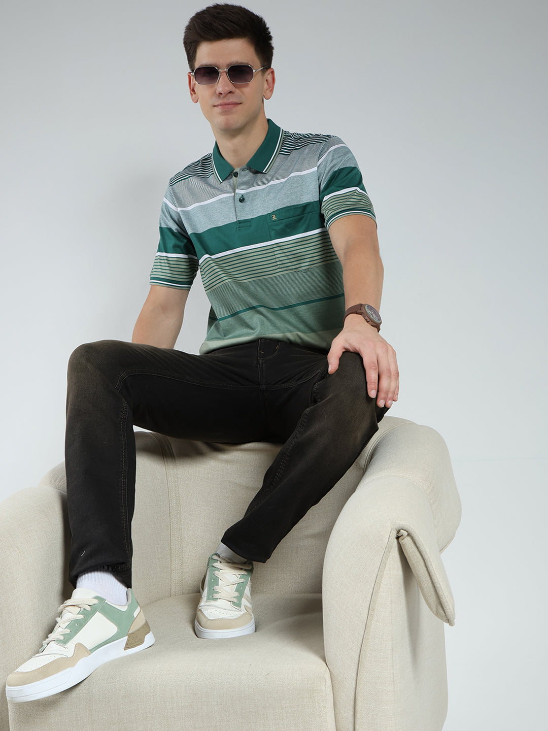 Luxuria Men Green Stripe Collar Half Sleeve T-Shirt