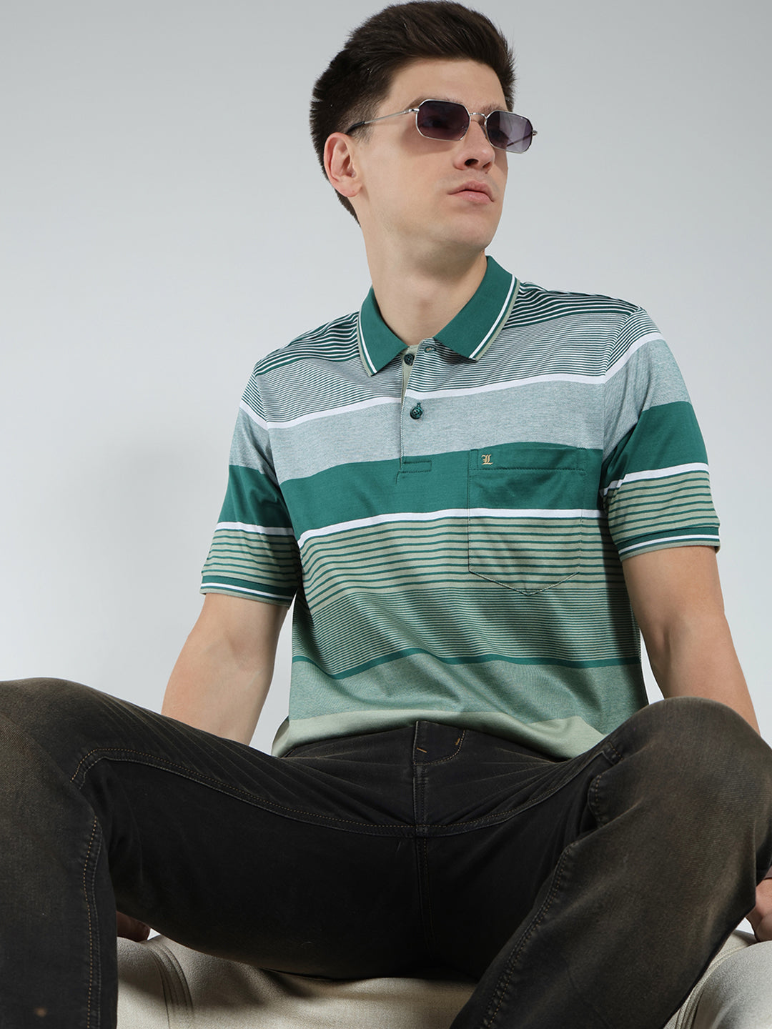 Luxuria Men Green Stripe Collar Half Sleeve T-Shirt