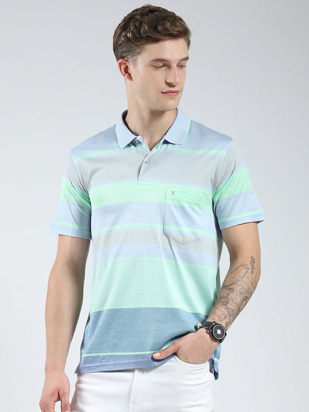 Luxuria Men Blue Stripe Collar Half Sleeve T-Shirt
