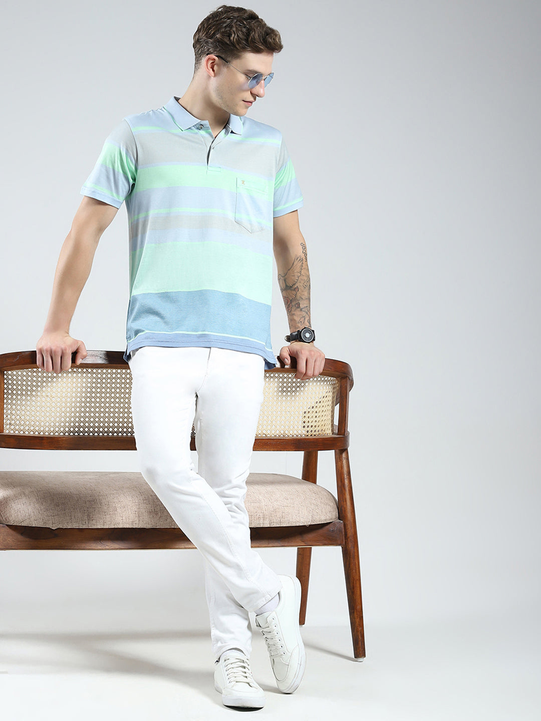 Luxuria Men Blue Stripe Collar Half Sleeve T-Shirt