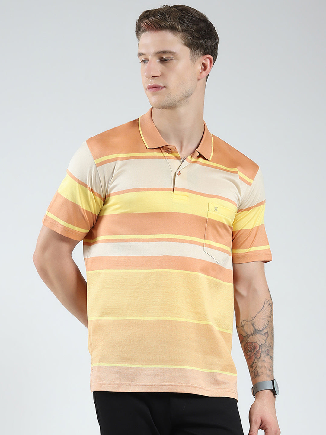 Luxuria Men Orange Stripe Collar Half Sleeve T-Shirt