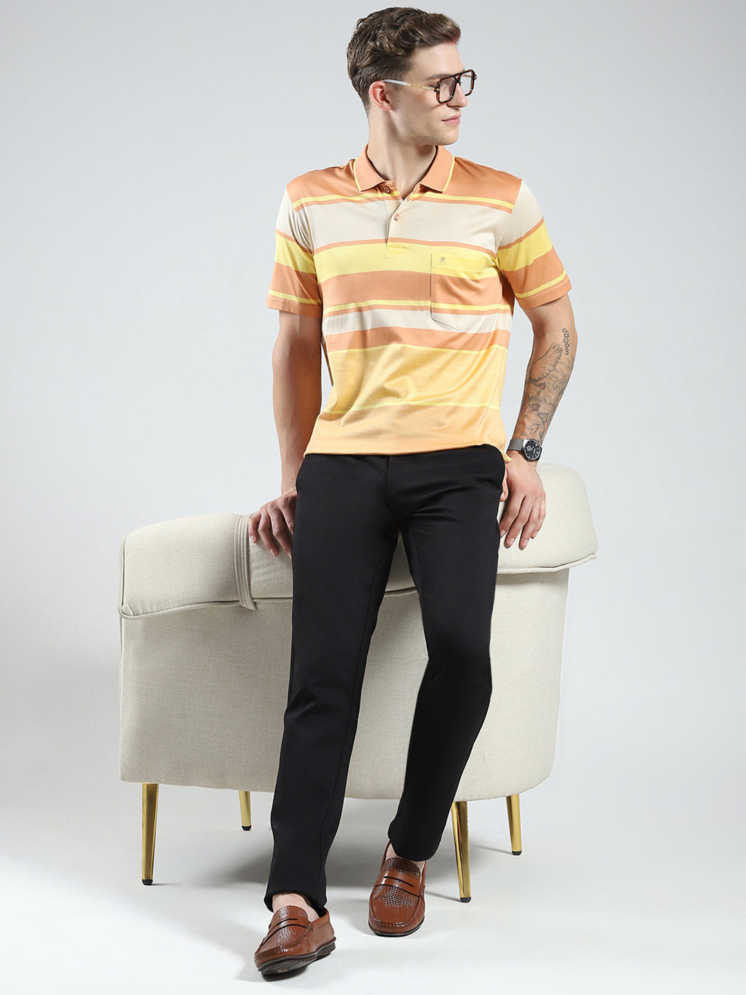 Luxuria Men Orange Stripe Collar Half Sleeve T-Shirt