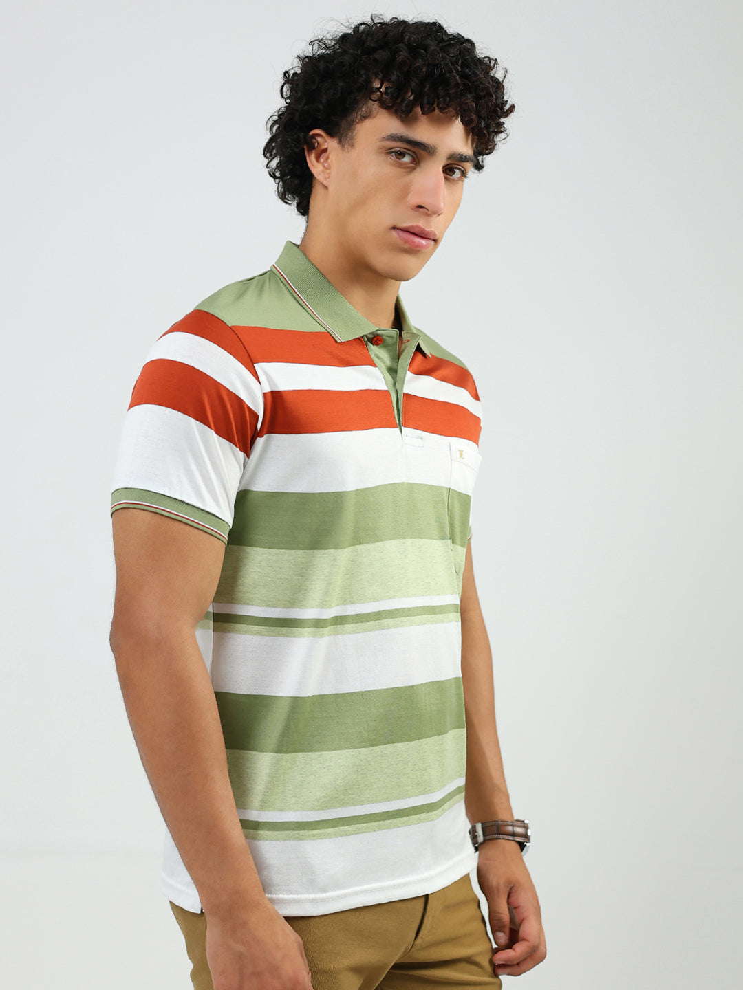 Luxuria Men Green Stripe Collar Half Sleeve T-Shirt