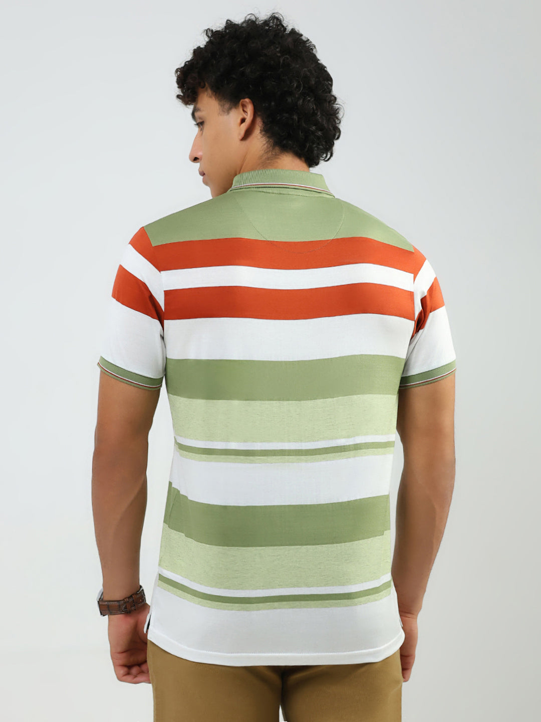 Luxuria Men Green Stripe Collar Half Sleeve T-Shirt