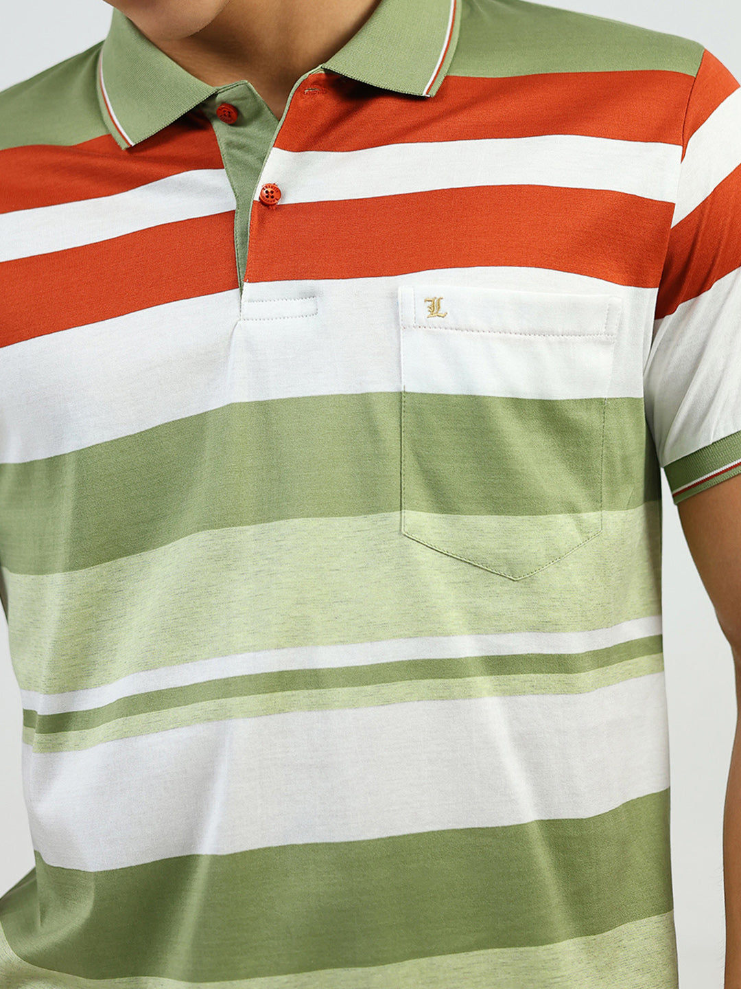 Luxuria Men Green Stripe Collar Half Sleeve T-Shirt