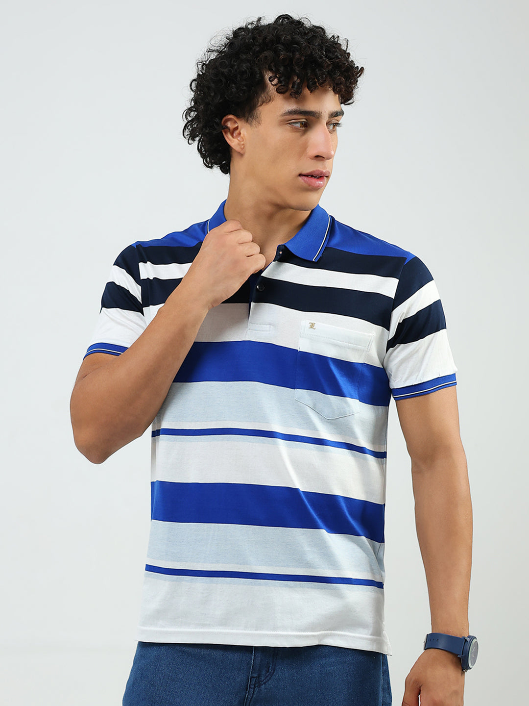 Luxuria Men Blue Stripe Collar Half Sleeve T-Shirt