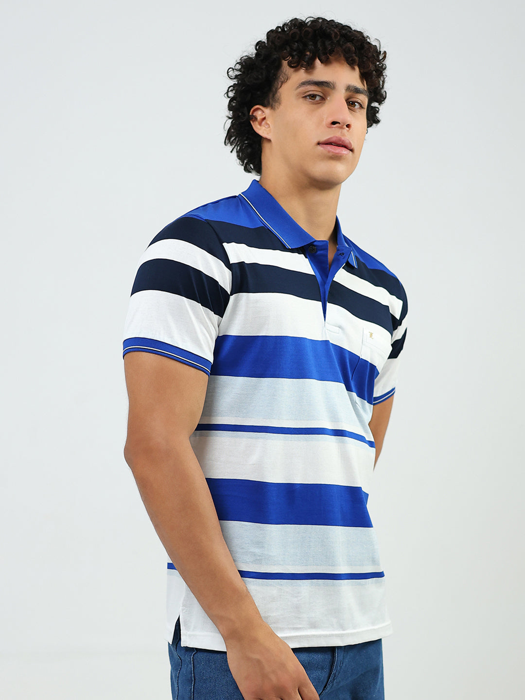 Luxuria Men Blue Stripe Collar Half Sleeve T-Shirt