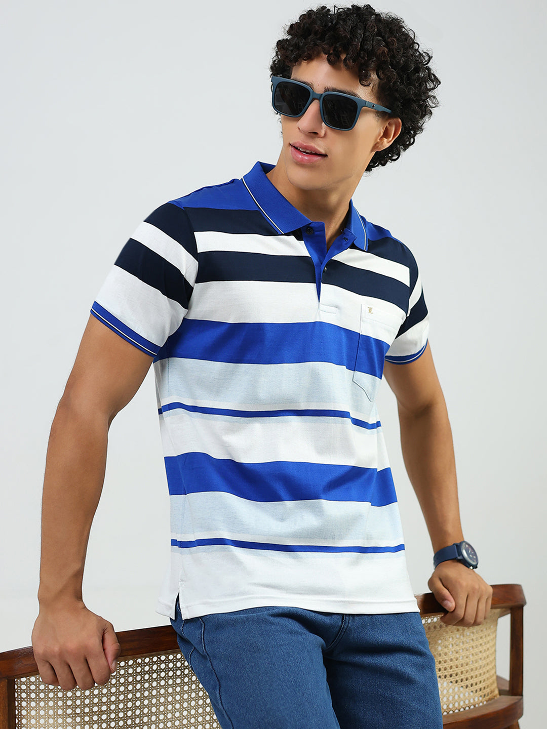 Luxuria Men Blue Stripe Collar Half Sleeve T-Shirt