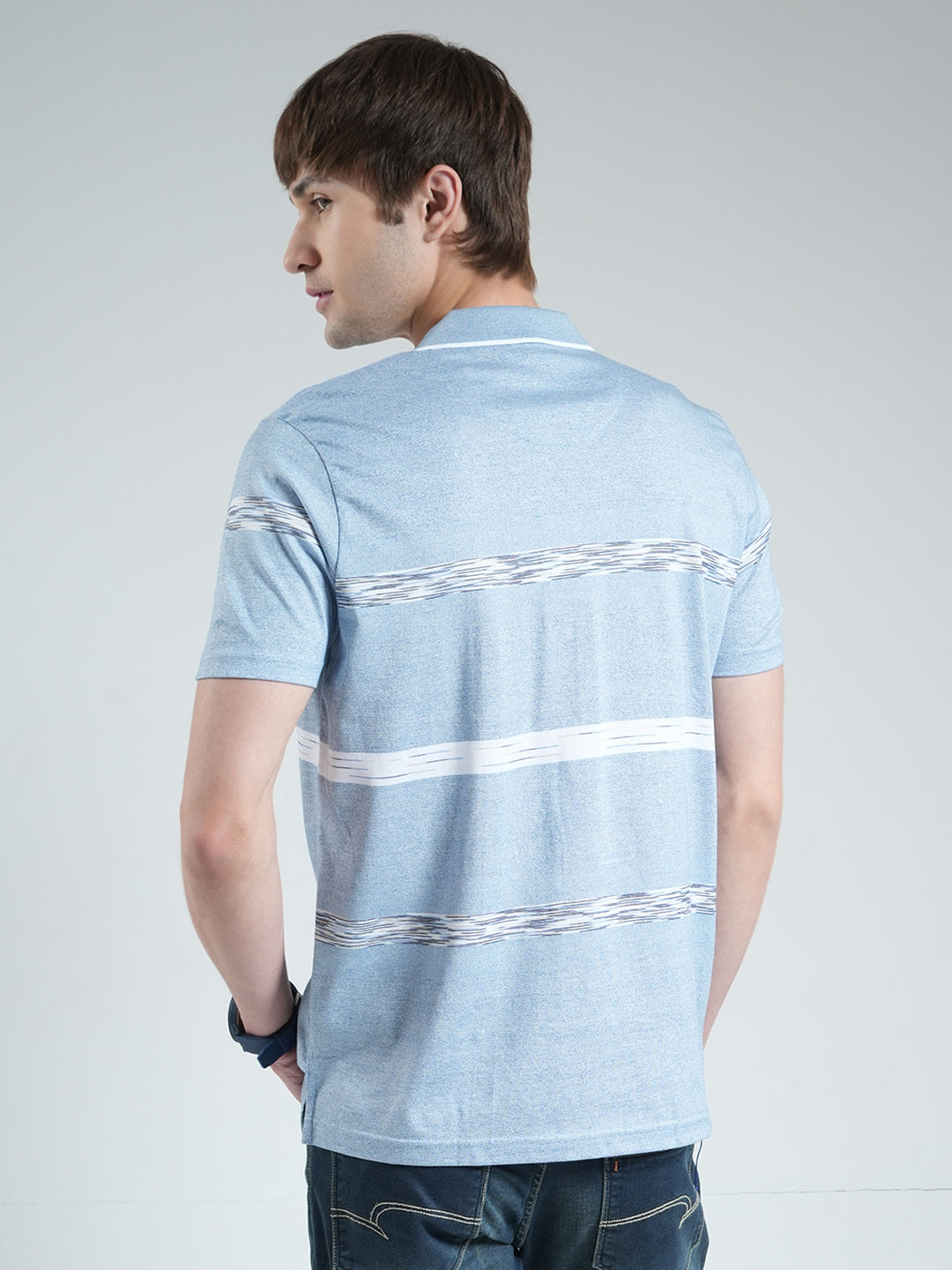 Luxuria Men Sky Blue Stripe Collar Half Sleeve T-Shirt