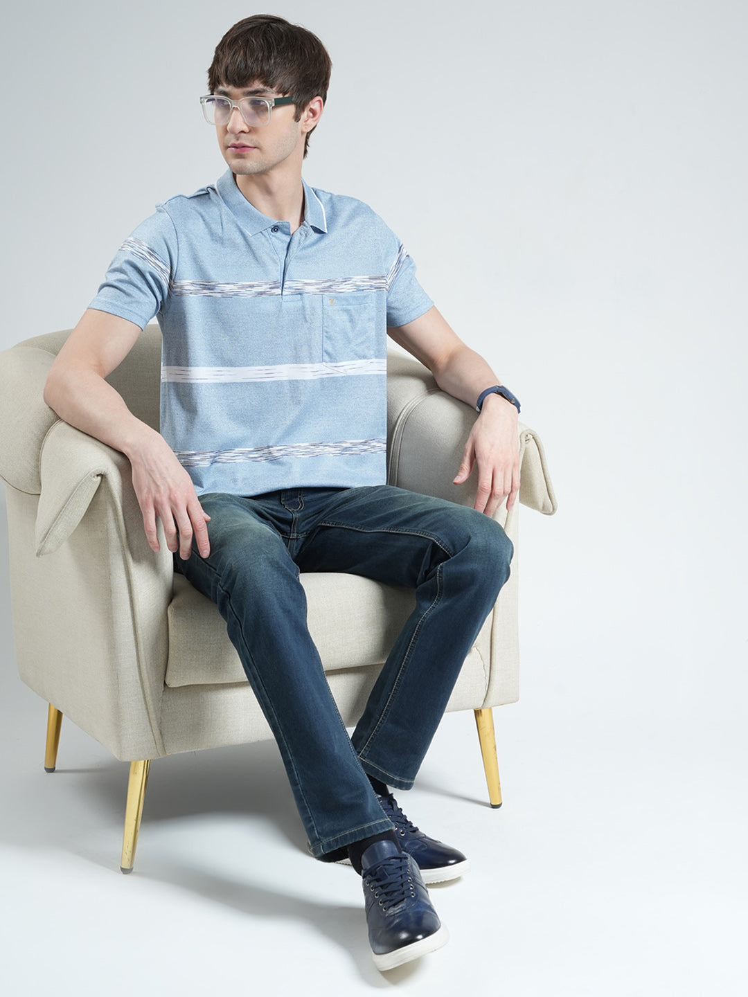 Luxuria Men Sky Blue Stripe Collar Half Sleeve T-Shirt