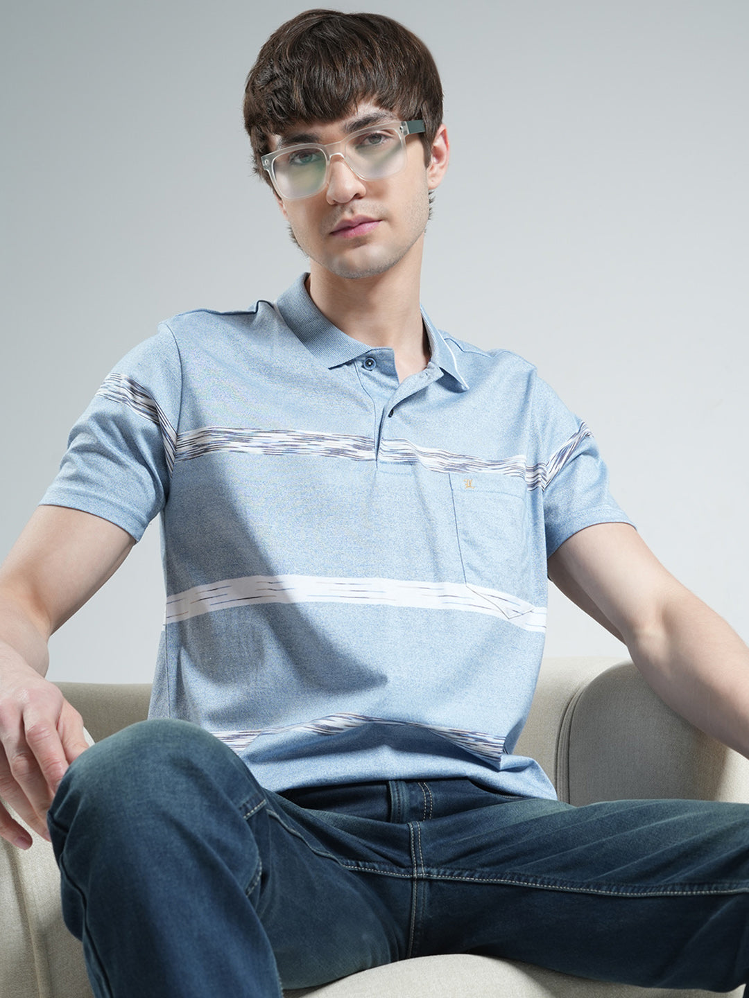 Luxuria Men Sky Blue Stripe Collar Half Sleeve T-Shirt