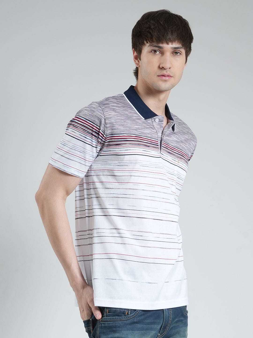 Luxuria Men Off White Stripe Collar Half Sleeve T-Shirt