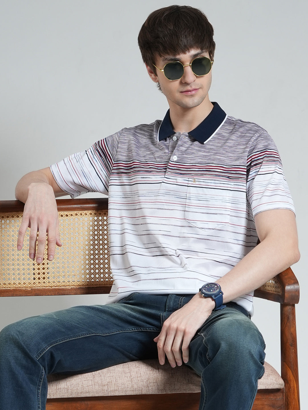 Luxuria Men Off White Stripe Collar Half Sleeve T-Shirt