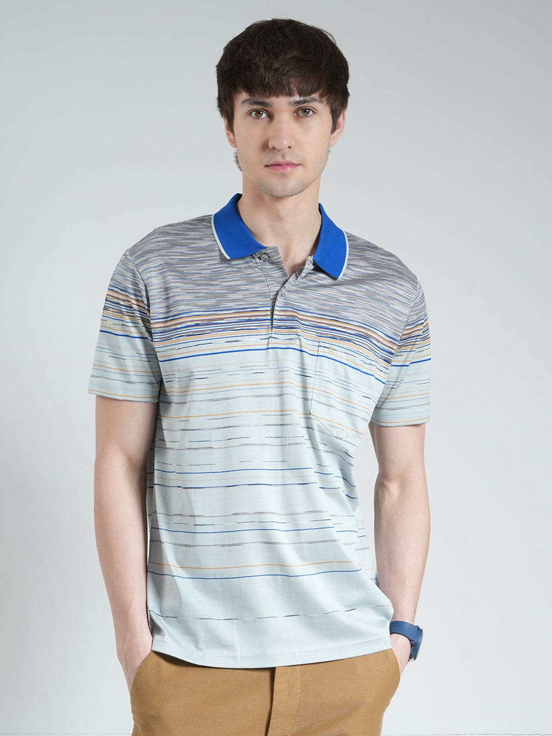 Luxuria Men Grey Stripe Collar Half Sleeve T-Shirt
