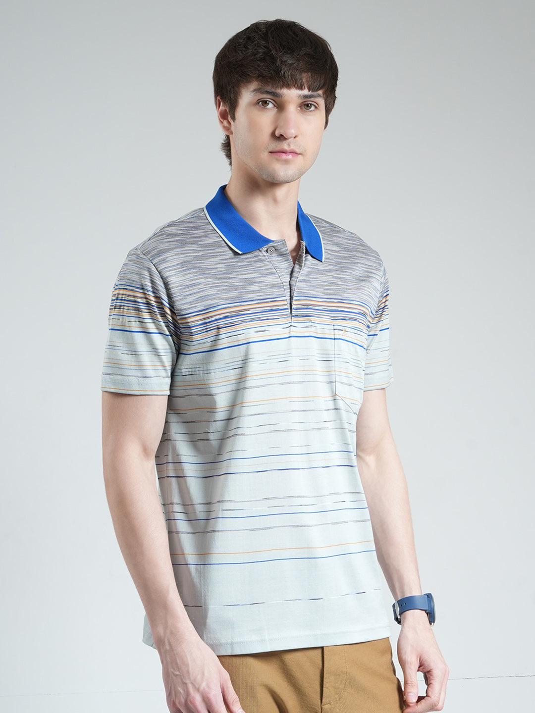 Luxuria Men Grey Stripe Collar Half Sleeve T-Shirt