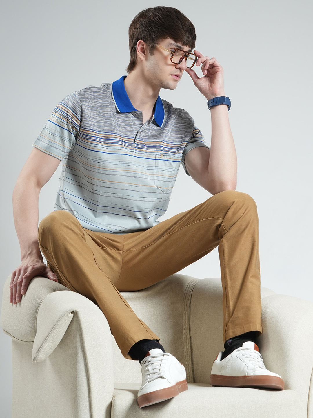 Luxuria Men Grey Stripe Collar Half Sleeve T-Shirt