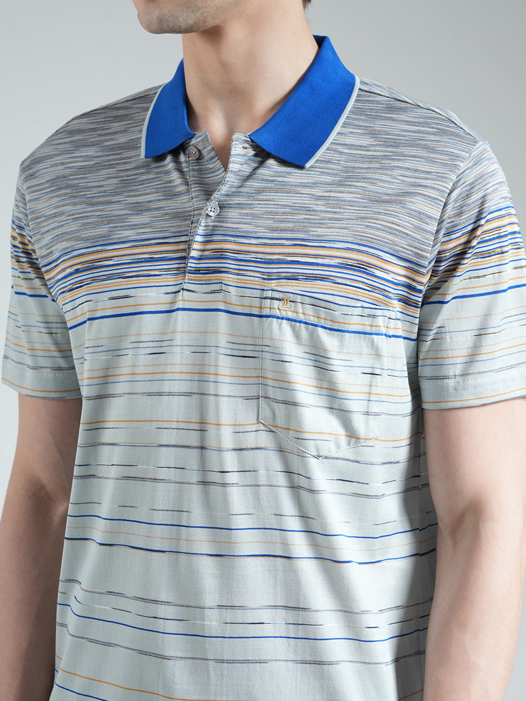 Luxuria Men Grey Stripe Collar Half Sleeve T-Shirt