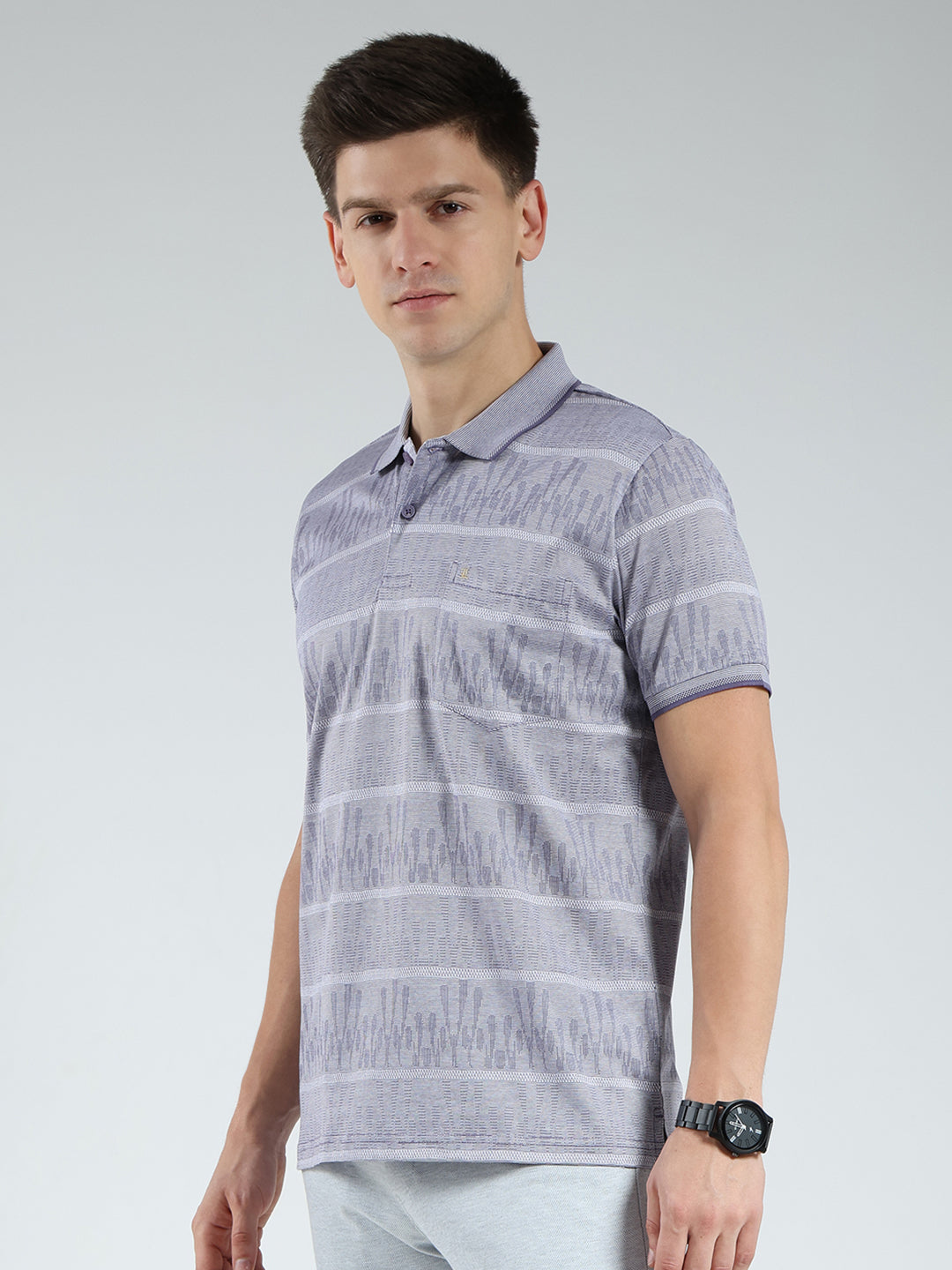 Luxuria Men Grey Stripe Collar Half Sleeve T-Shirt