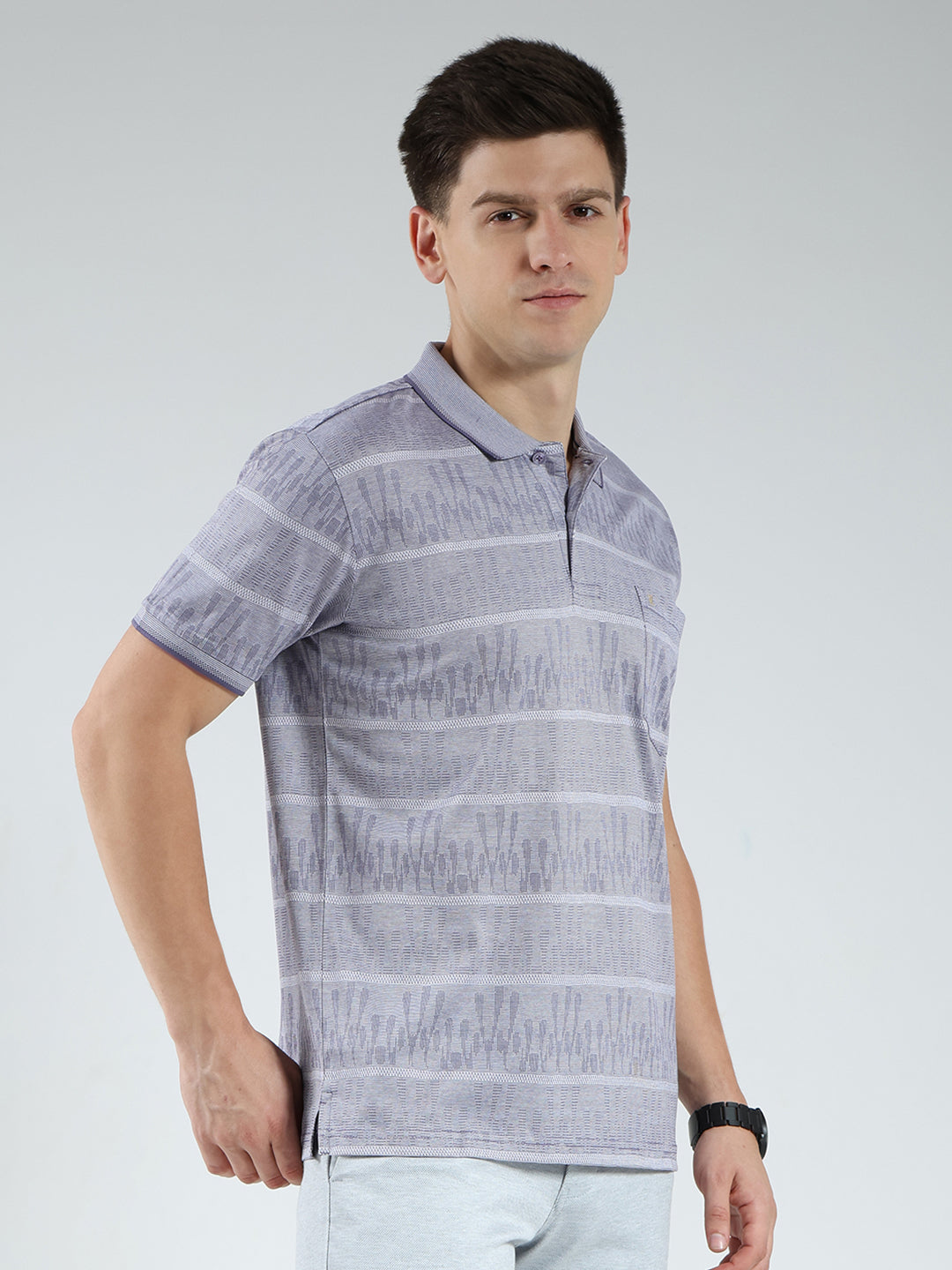 Luxuria Men Grey Stripe Collar Half Sleeve T-Shirt