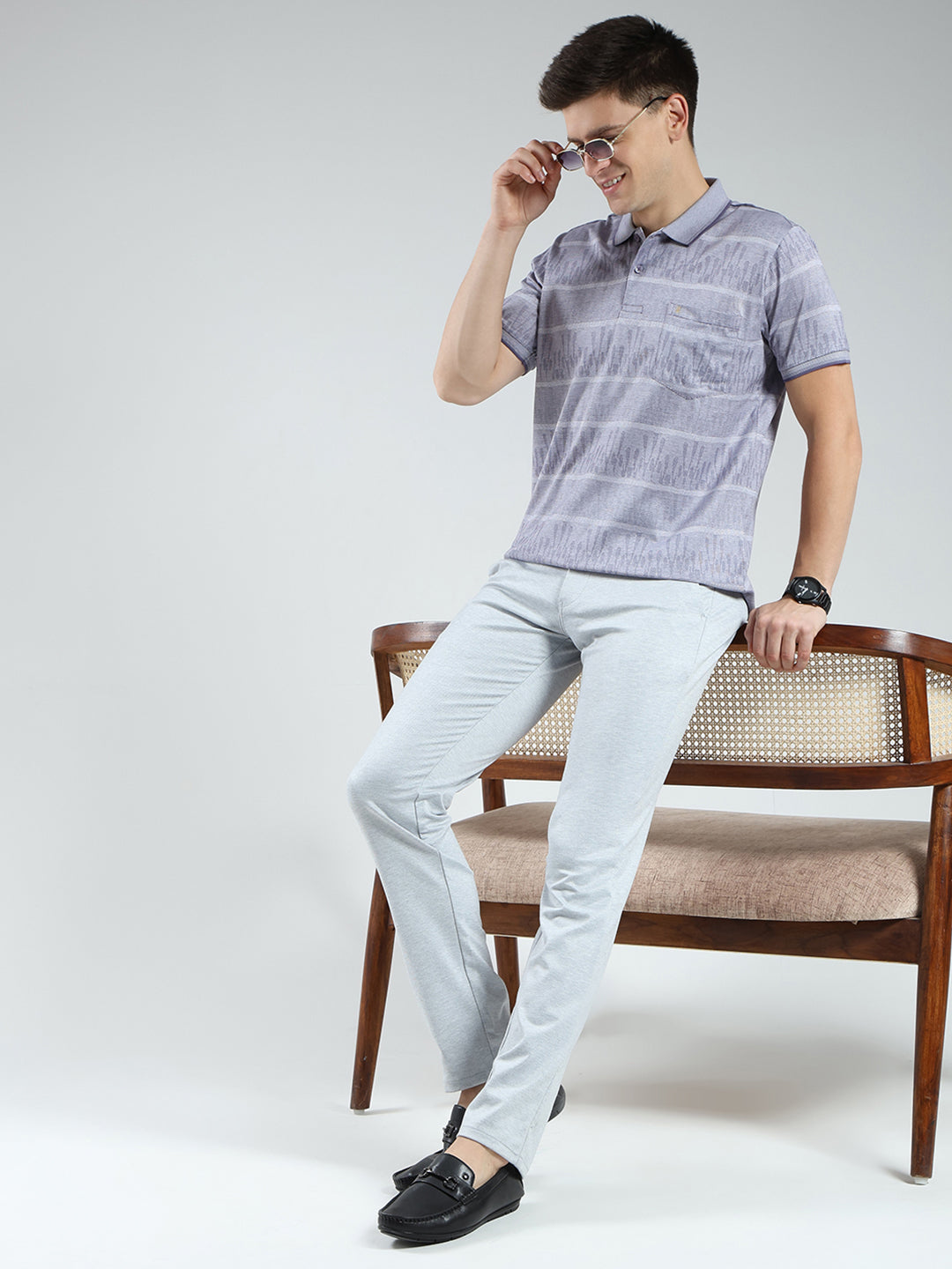 Luxuria Men Grey Stripe Collar Half Sleeve T-Shirt